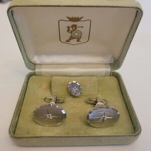Vintage Mens Silver Cufflinks & Tie Tack Set MCM Starburst Design Atomic Star